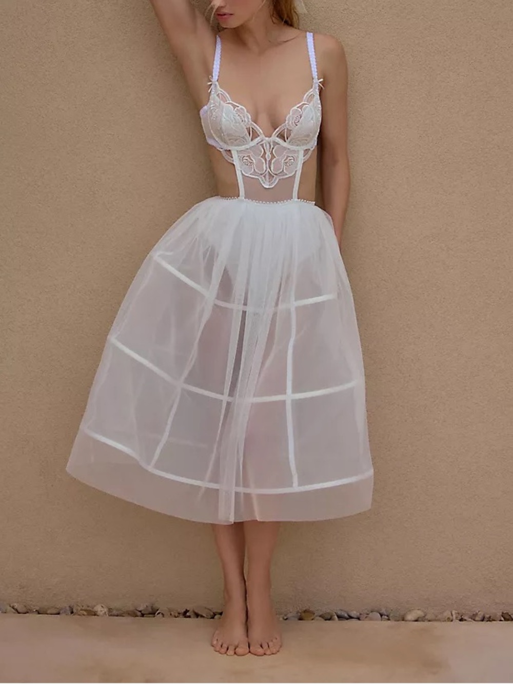 For Love And Lemons Blushing Blooms White  Mesh Lace Hoop Midi Dress - XS